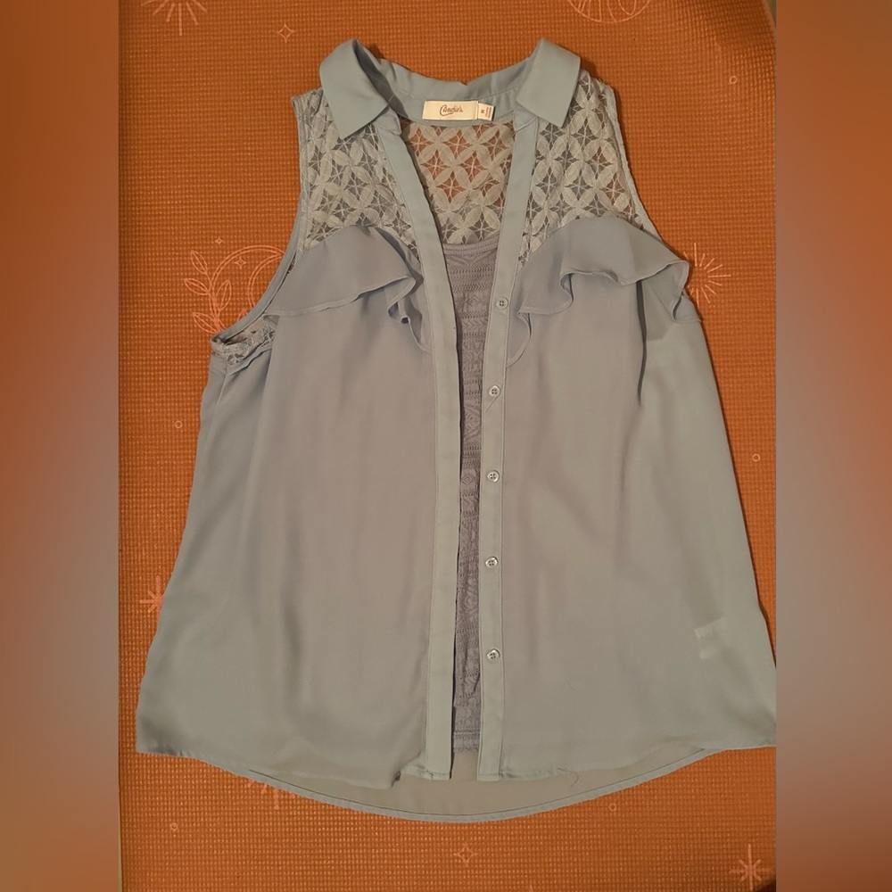 Candie’s light blue cropped sleeve button-up top w/ SO light blue tank top